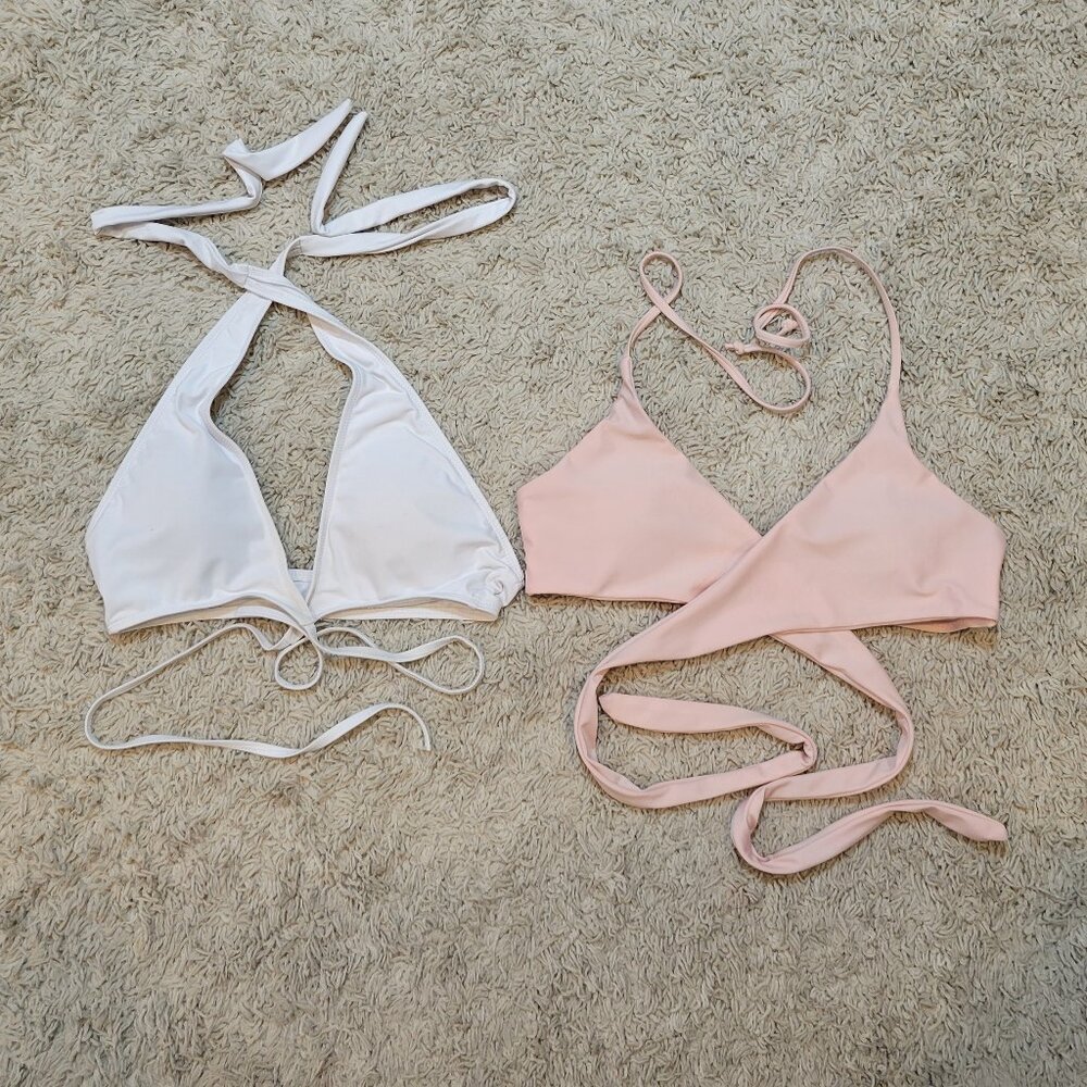 ☀️👙Solid Pink & White Criss Cross Sexy Padded Push-up Bikini Tops✨💋